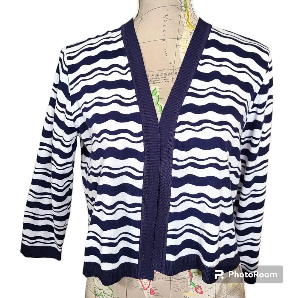 ANN TAYLOR Size Medium Navy White Stripe Cropped Open Front Cardigan Sweater NEW